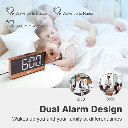 Projection Radio Alarm Clock LED Digital Desk Table Watch Snooze Function Adjustable Projector FM Radio with Sleep Timer