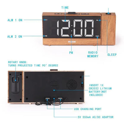 Projection Radio Alarm Clock LED Digital Desk Table Watch Snooze Function Adjustable Projector FM Radio with Sleep Timer
