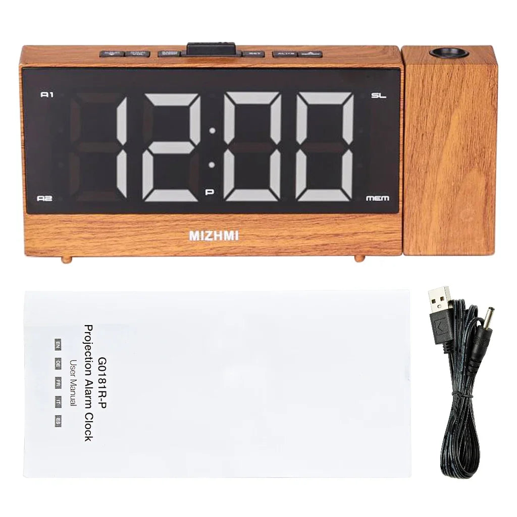 Projection Radio Alarm Clock LED Digital Desk Table Watch Snooze Function Adjustable Projector FM Radio with Sleep Timer