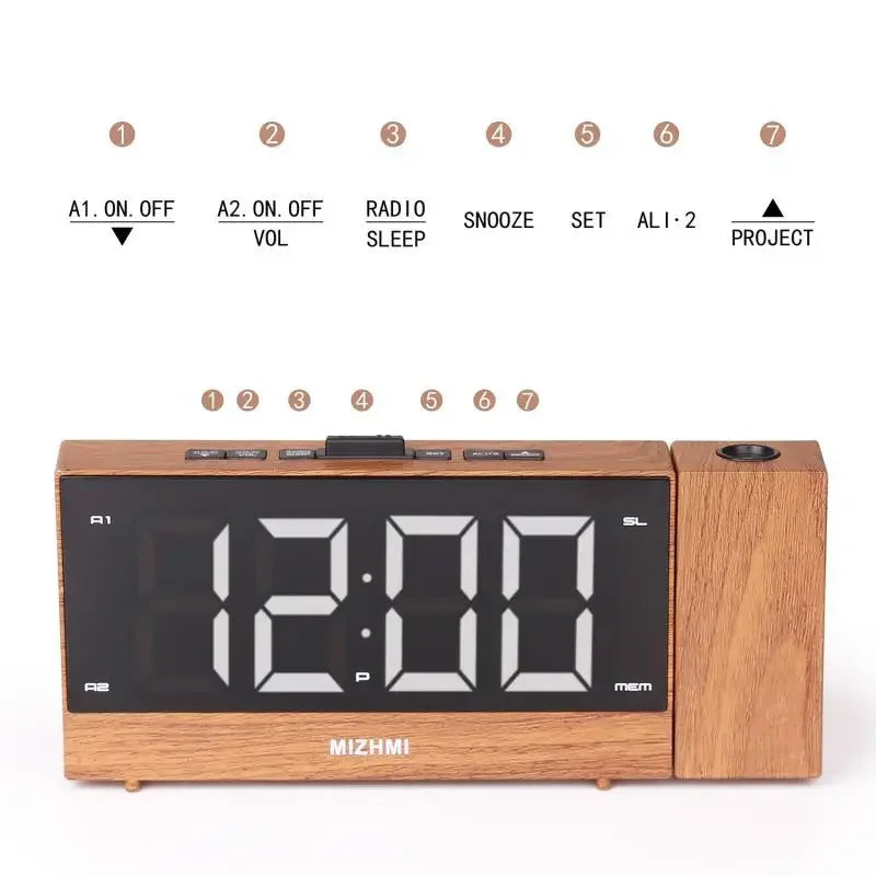 Projection Radio Alarm Clock LED Digital Desk Table Watch Snooze Function Adjustable Projector FM Radio with Sleep Timer